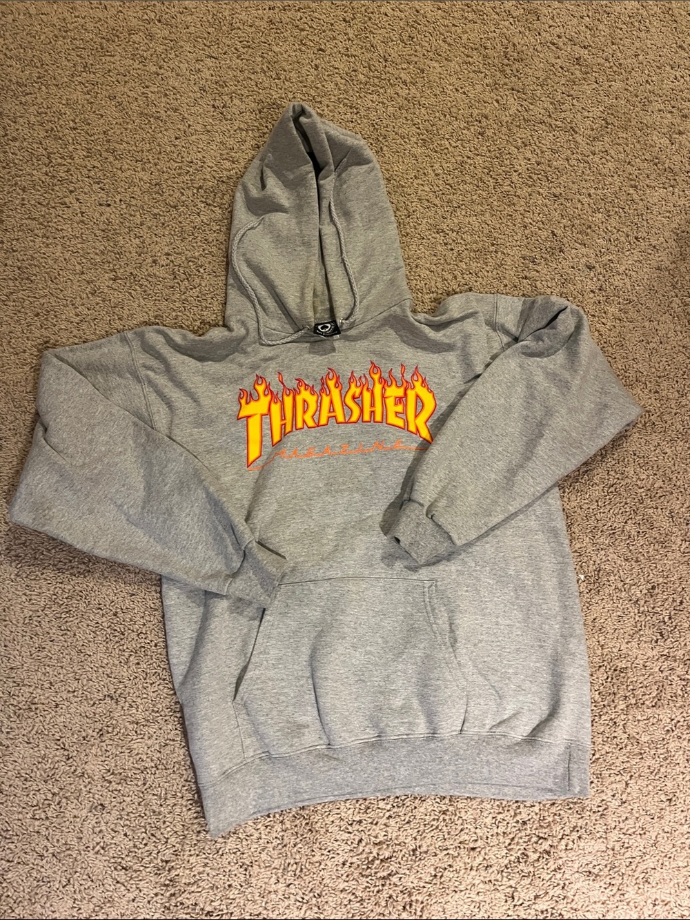 Thrasher Gray Hoodie with Yellow and Orange Flame Logo